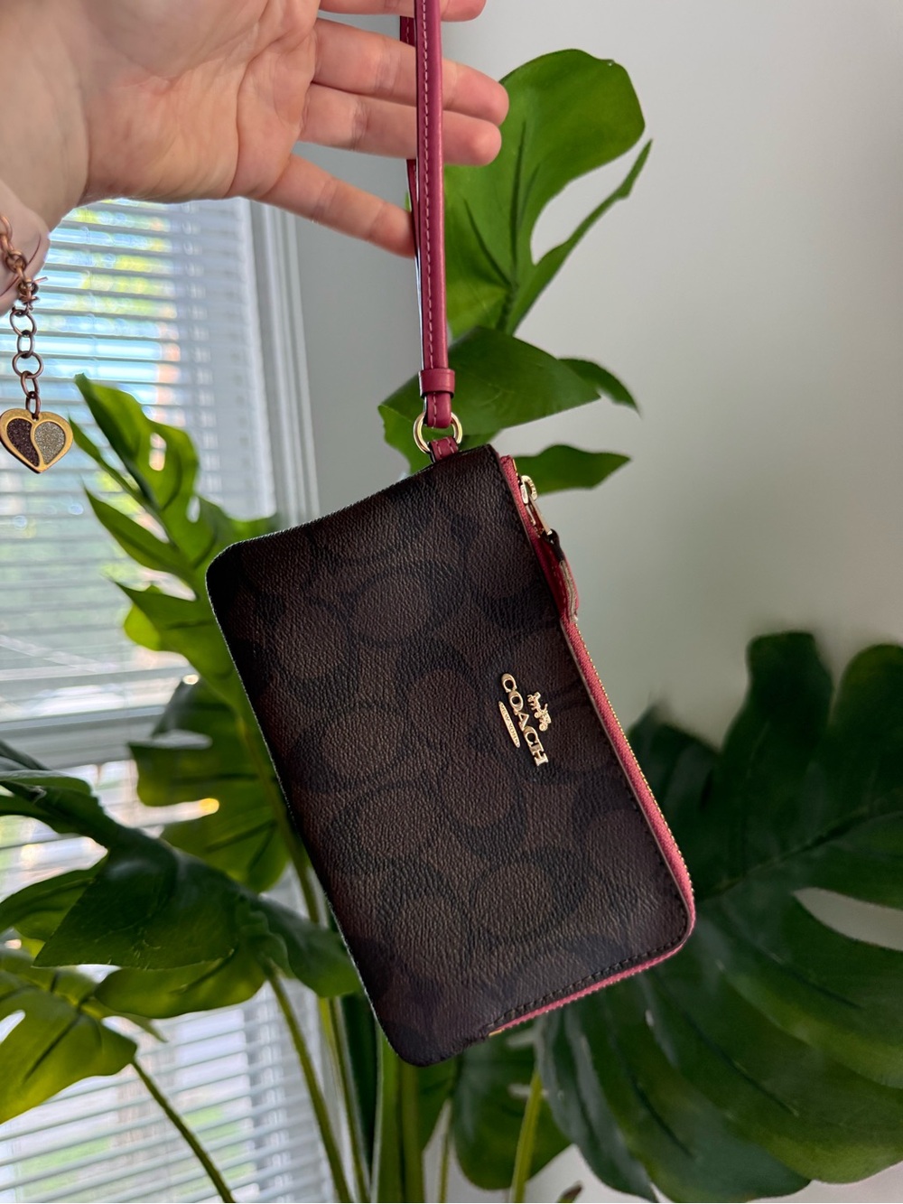 Coach Signature Wristlet in Brown with Pink Trim